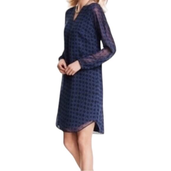 CAbi Dresses & Skirts - Cabi Harlequin Purple and Black Print Sheer Long Sleeve Shift Dress